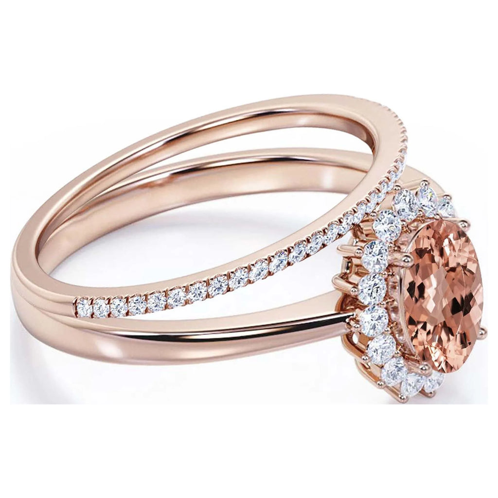 2.00 Carat Oval Cut Morganite And Diamond Moissanite Engagement Ring in 10k Solid Rose Gold Band D1362