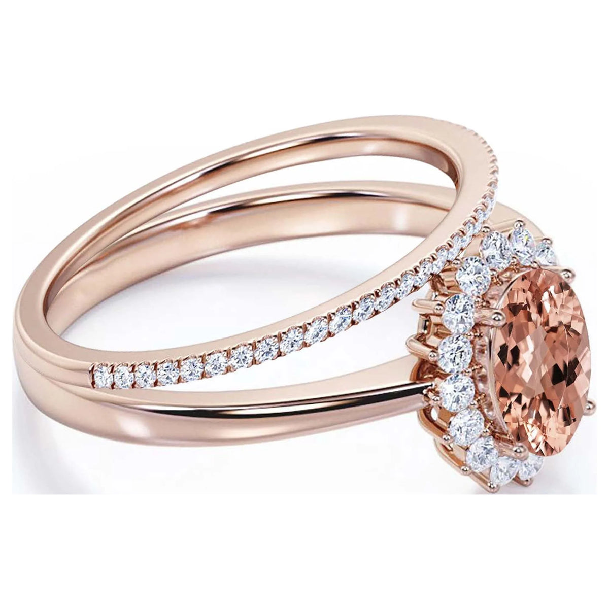 2.00 Carat Oval Cut Morganite And Diamond Moissanite Engagement Ring in 10k Solid Rose Gold Band D1362