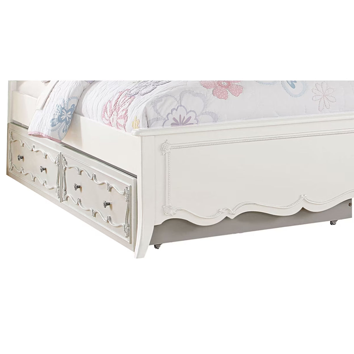 White Twin Size Wooden Trundle with Round Knobs and Caster Wheels F240
