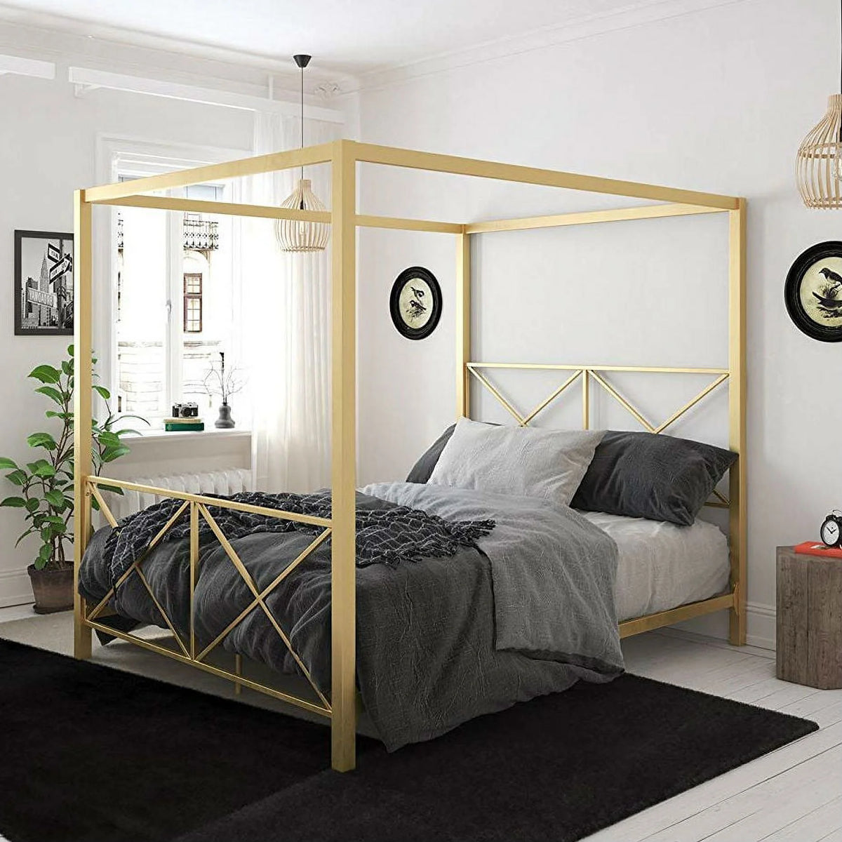 Queen Size Gold Metal Canopy Bed Frame with Headboard B836