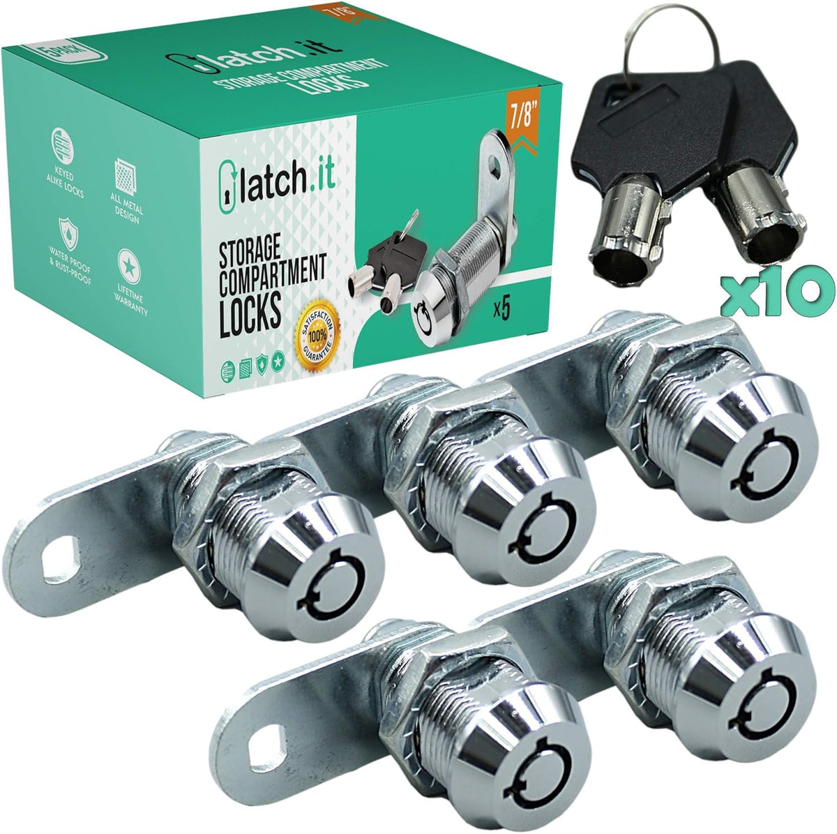 1-1/8" 5-Pack Metal RV Cam Locks with 10 Keys Z298890