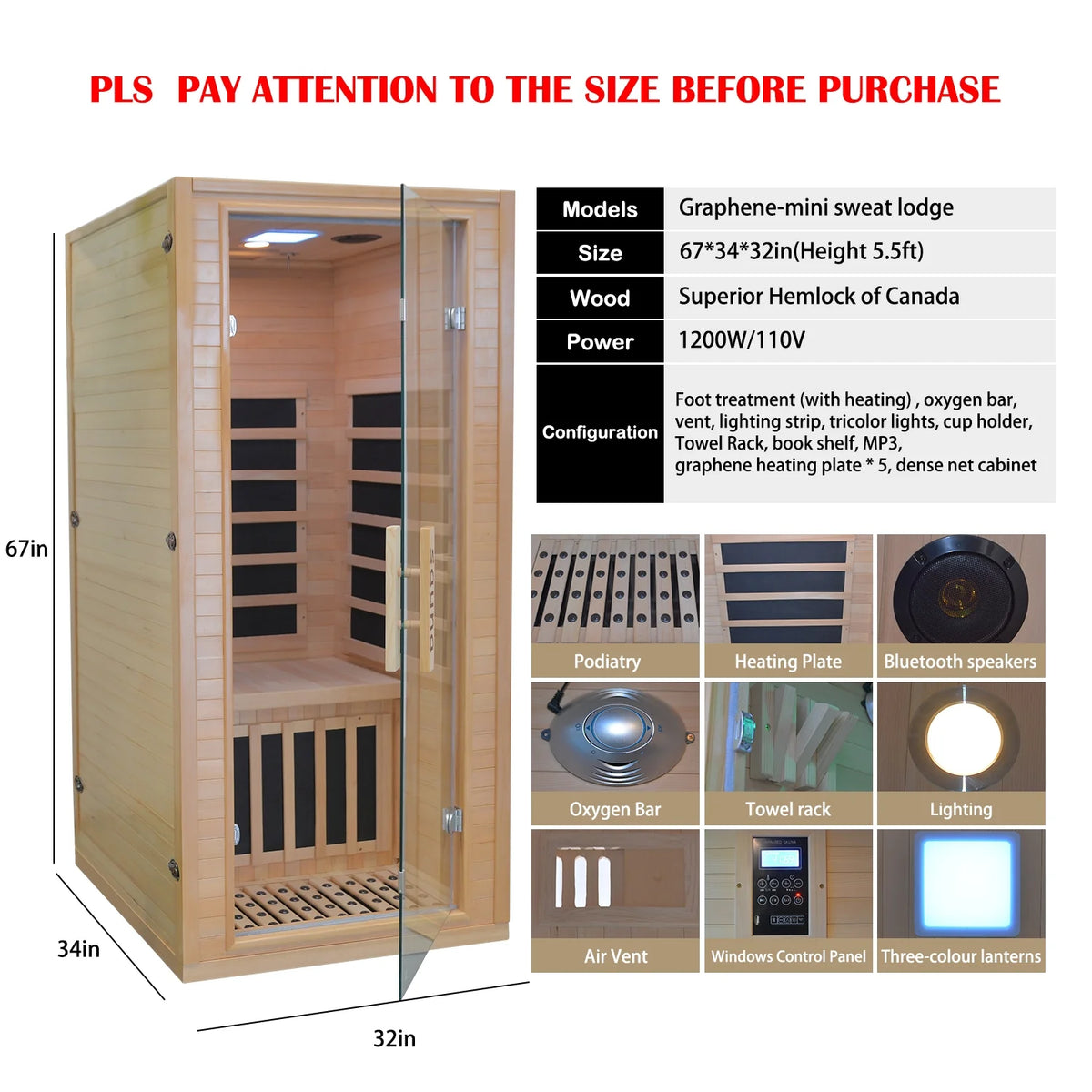 Hemlock Wooden Indoor Sauna Room 1-2 Person with Low EMF Heaters Q733926