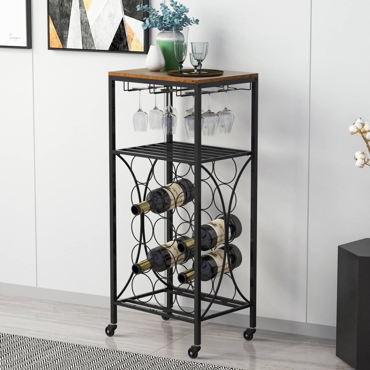 2-Tier Mobile Wine Bar Cart with Wine Rack and Glass Holder D439
