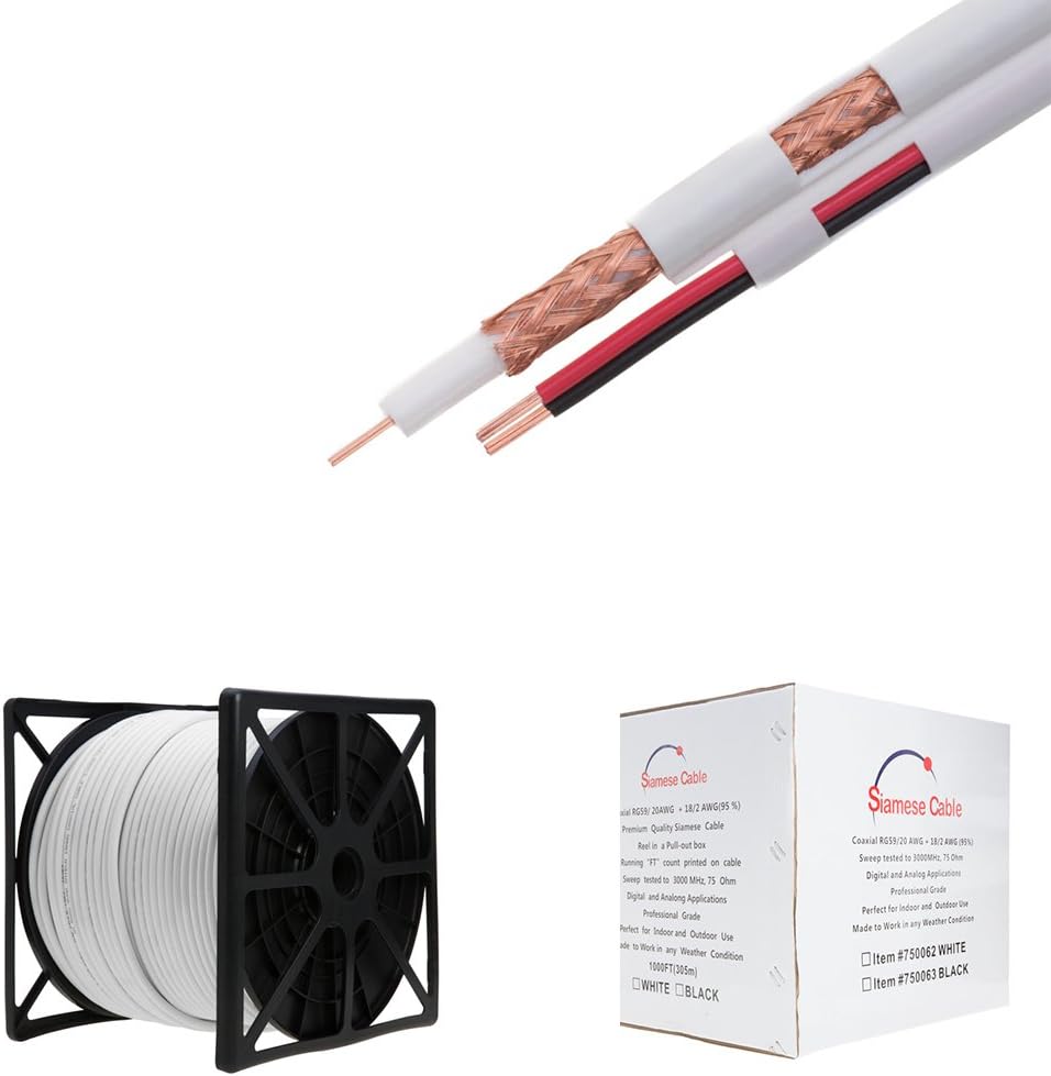 White 500FT Siamese RG59/U Cable, 20AWG + 18/2AWG O802