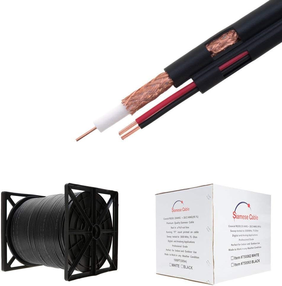 White 500FT Siamese RG59/U Cable, 20AWG + 18/2AWG O802