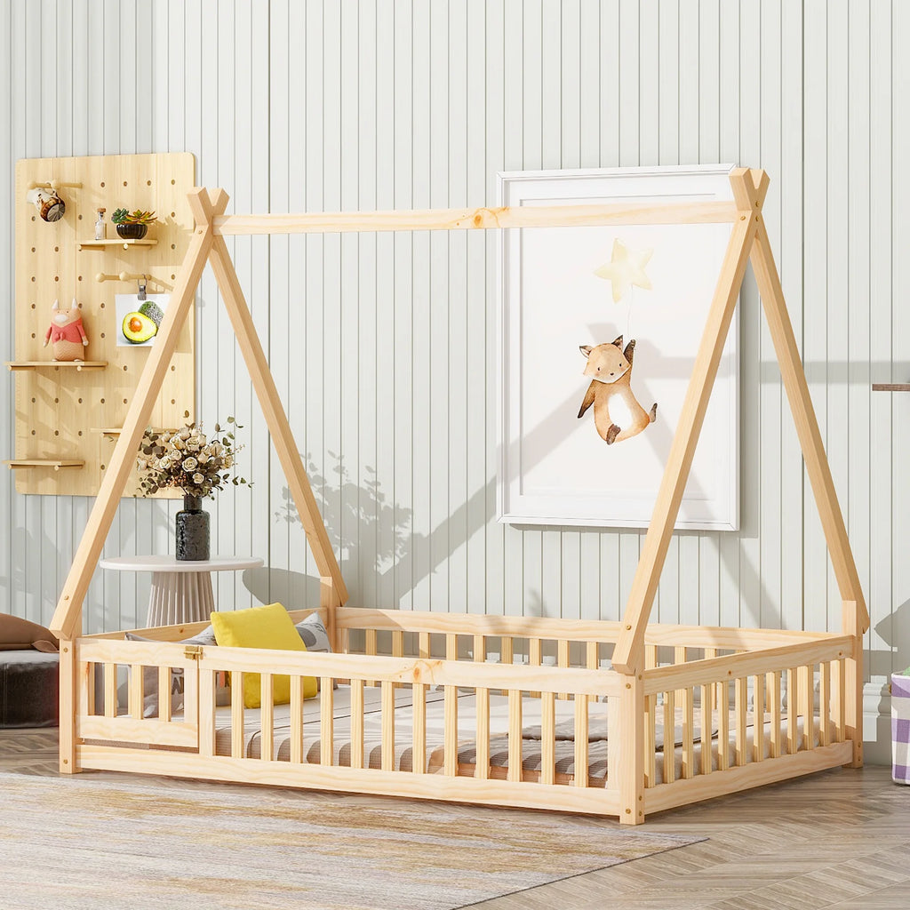 Tent-shaped Floor Bed with Guardrails and Slats T5004