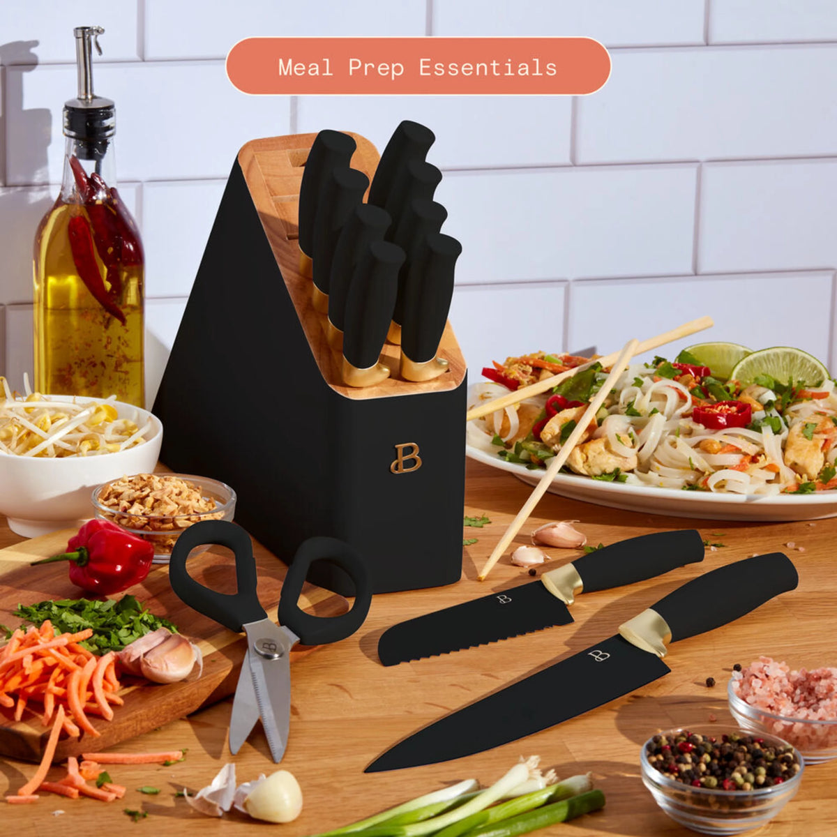12 Piece Knife Block Set with Soft-Grip Handles White and Gold B1328