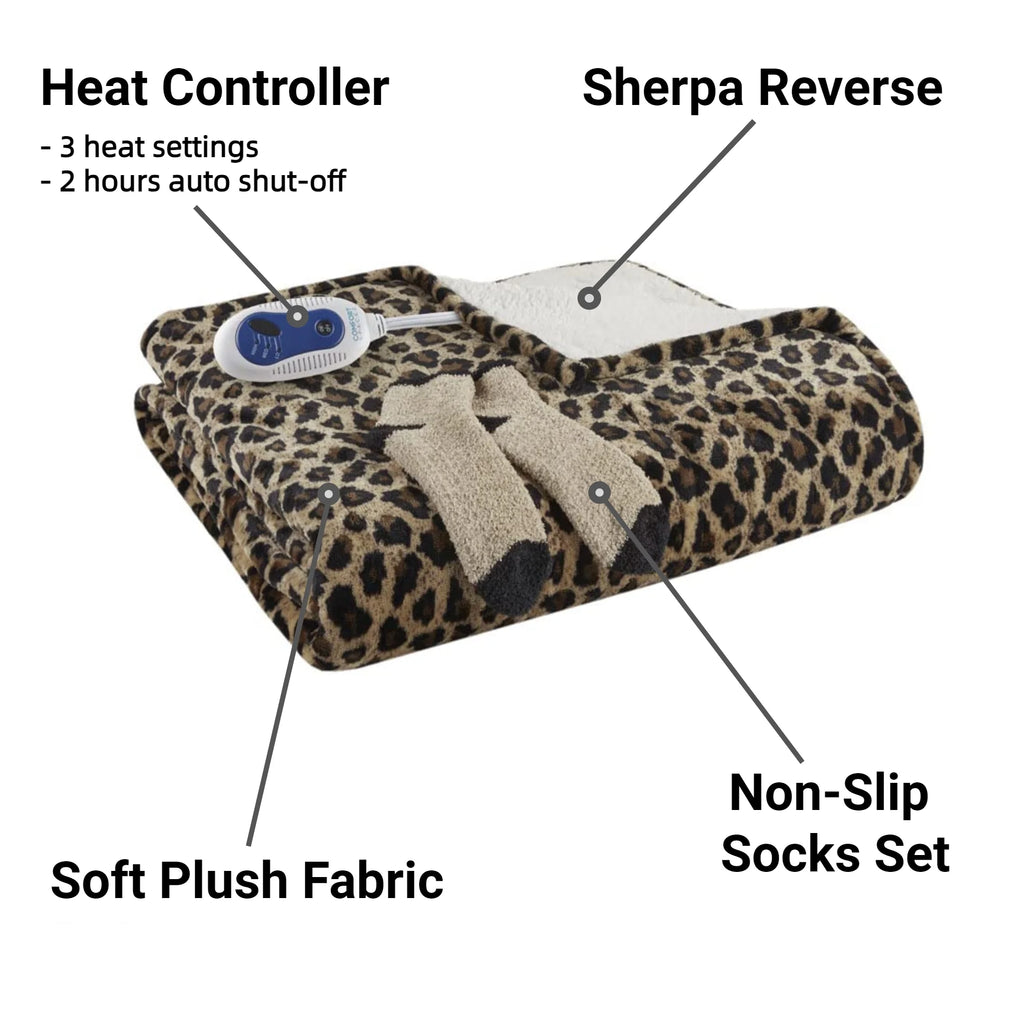 Sherpa Electric Throw Wrap with Sock Set Heated Wearable Blanket Reversible Animal Print 50"x64" X307