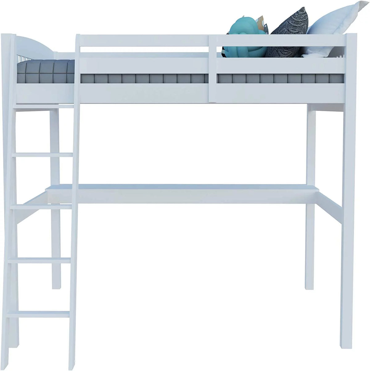 Solid Wood White Twin Size Loft Bed Frame with Desk & Stairs M25442