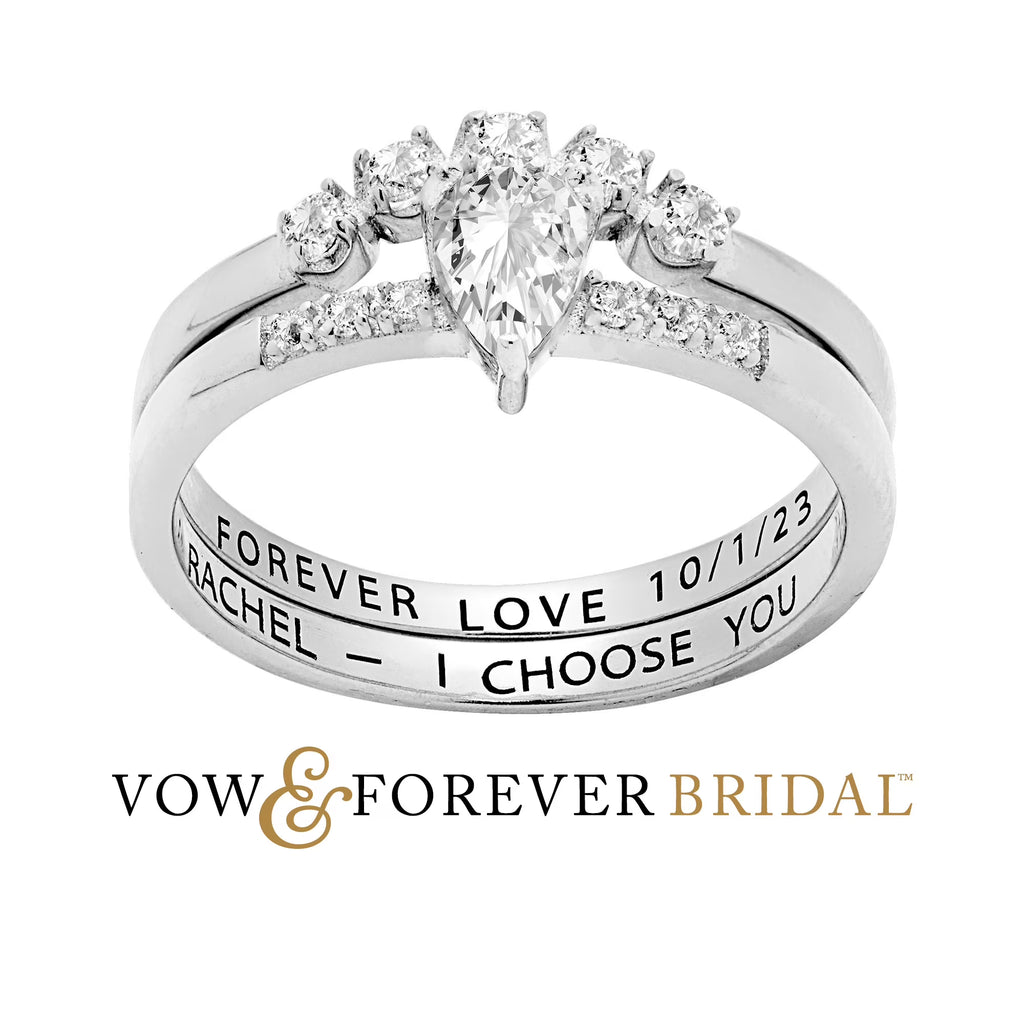 Pear White Topaz 2 Piece Engraved Wedding Set F647511