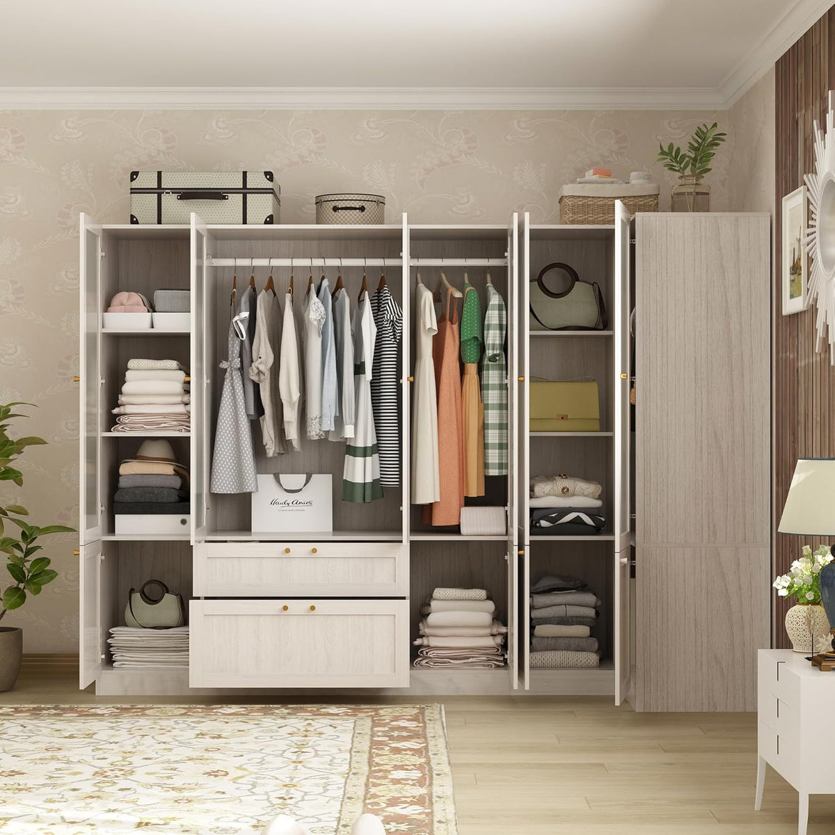 98.4" L Warm Grey 6 Door Wooden Armoire Wardrobe Closet X656