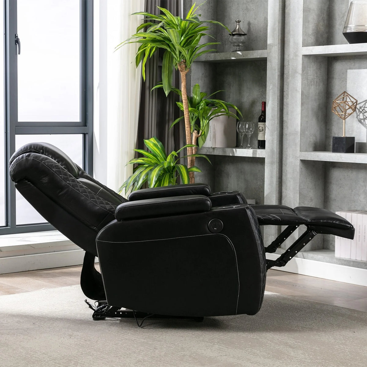 Oversized Faux Leather Home Theater Seating with Cup Holder Black E3353