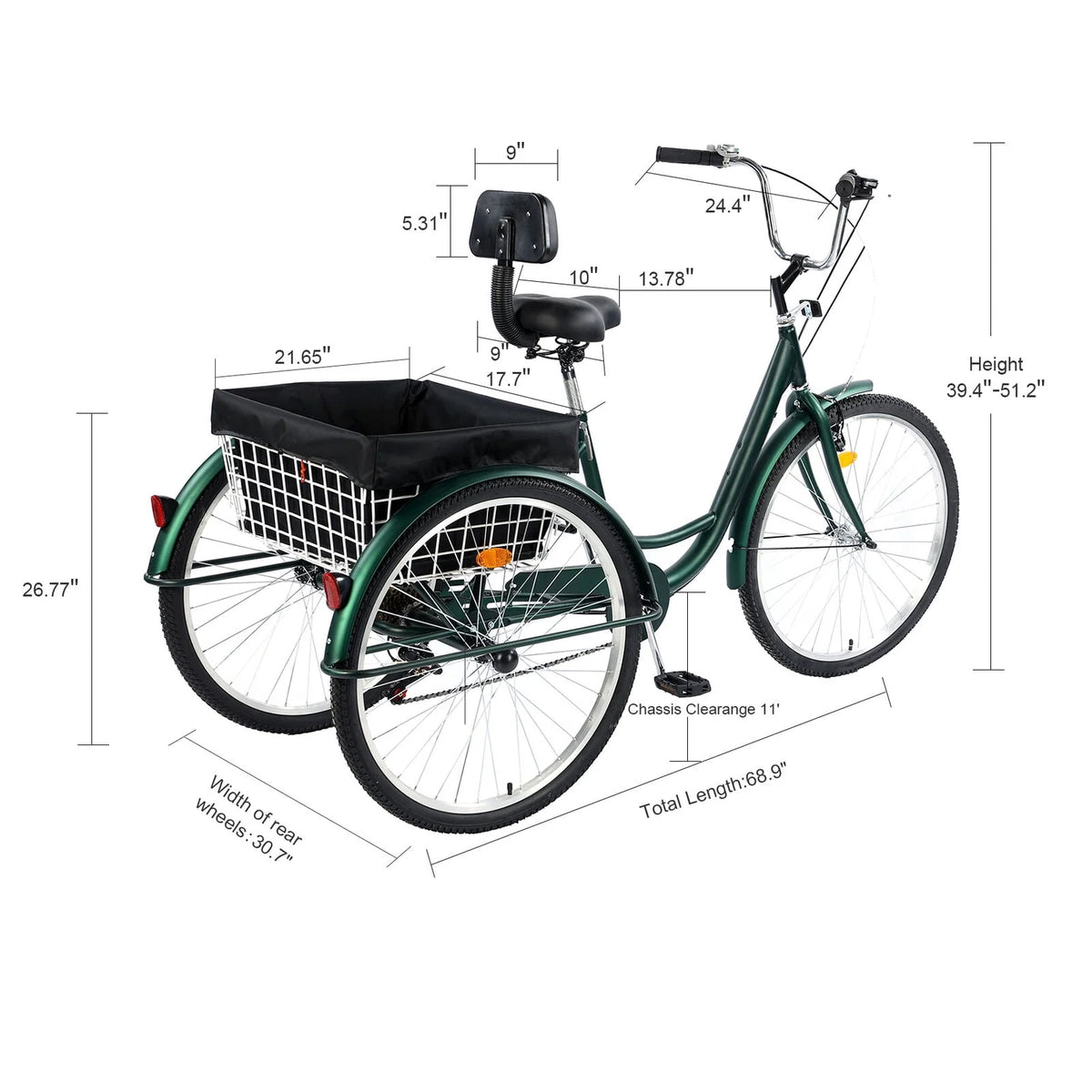 Green 26 Wheels 7-Speed Adult Tricycle with Basket L539