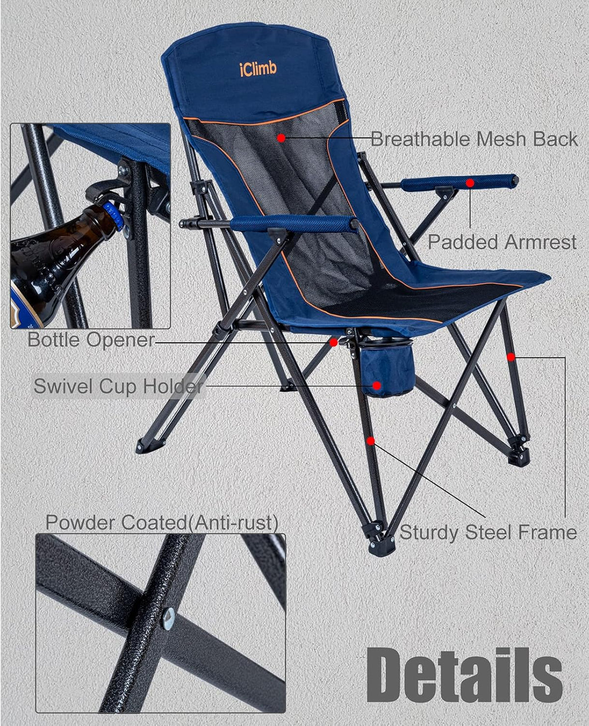 Heavy Duty Folding Mesh Camping Chair with Cup Holder and Carry Bag H55486