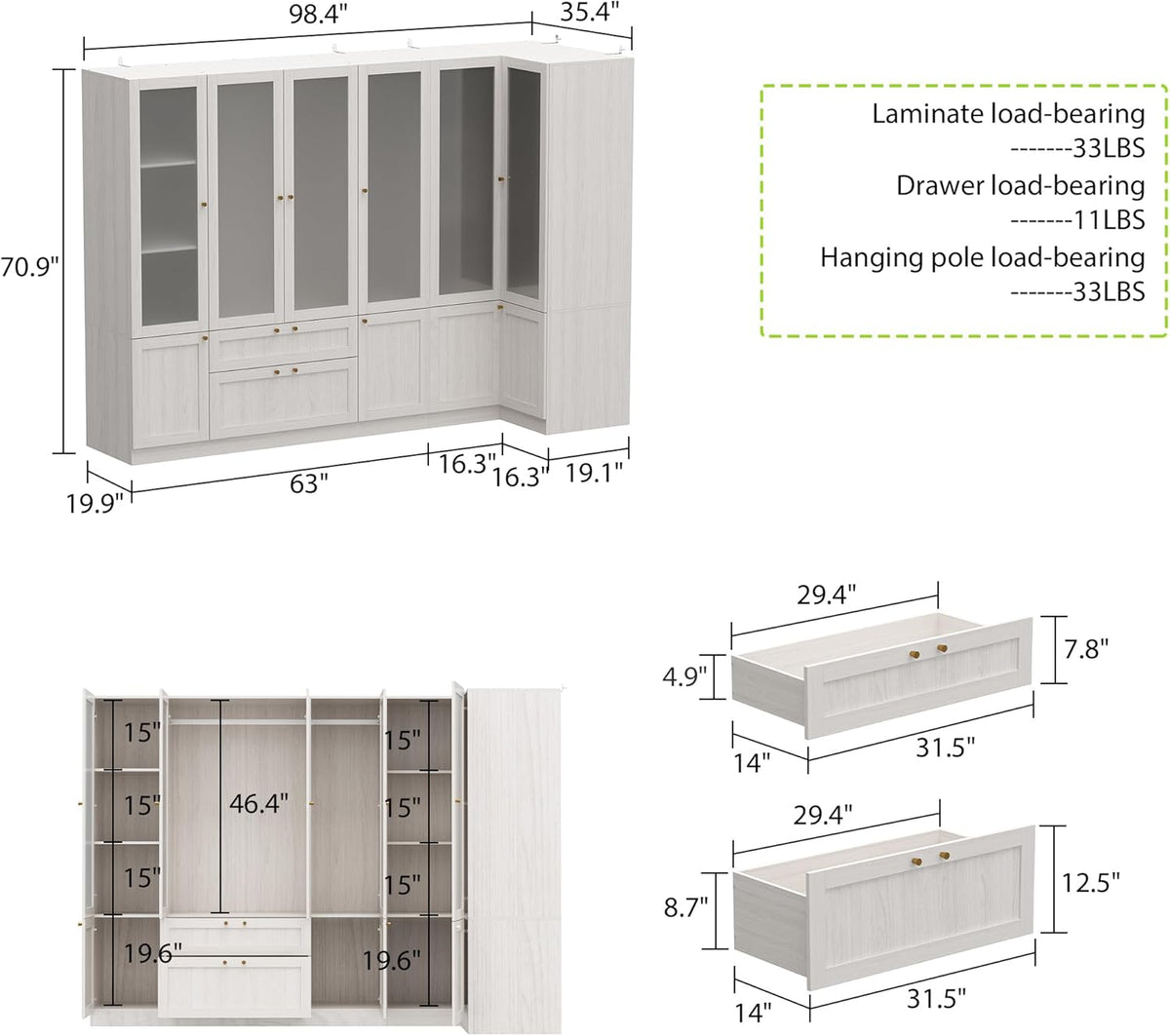 98.4" L Warm Grey 6 Door Wooden Armoire Wardrobe Closet X656