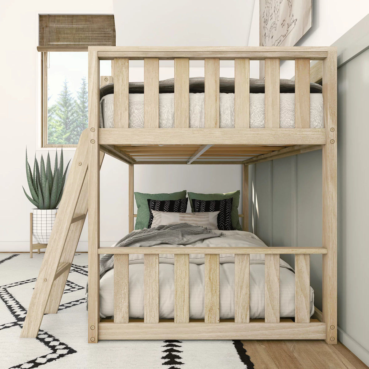 Twin over Twin Wood Bunk Bed with Ladder, Blonde W9126