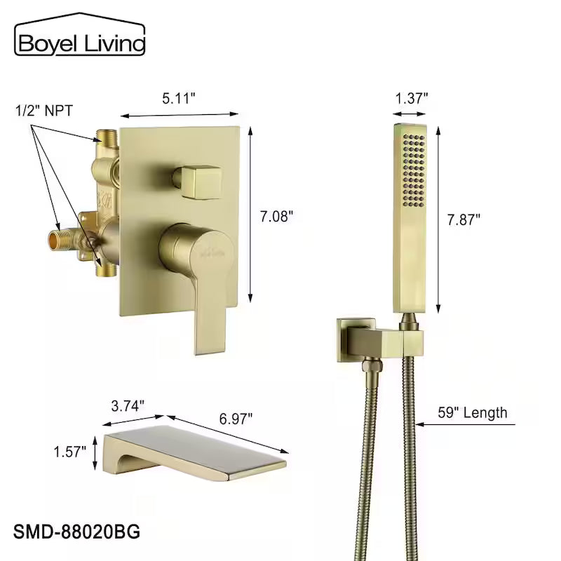 Brushed Gold Wall Mount Roman Tub Faucet with Hand Shower U791300