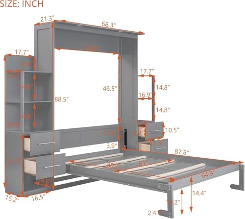 Queen Murphy Bed with LED Lights and Storage Drawers E98653