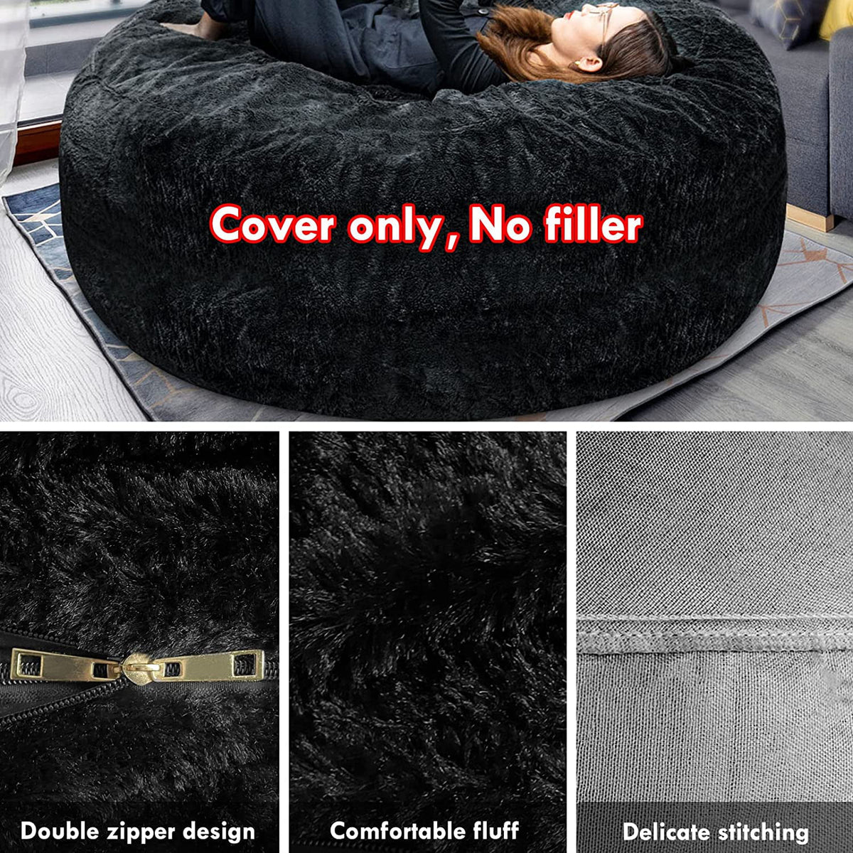 Round Soft Fluffy Velvet Bean Bag Chair Cover 6ft White/Gray W51082