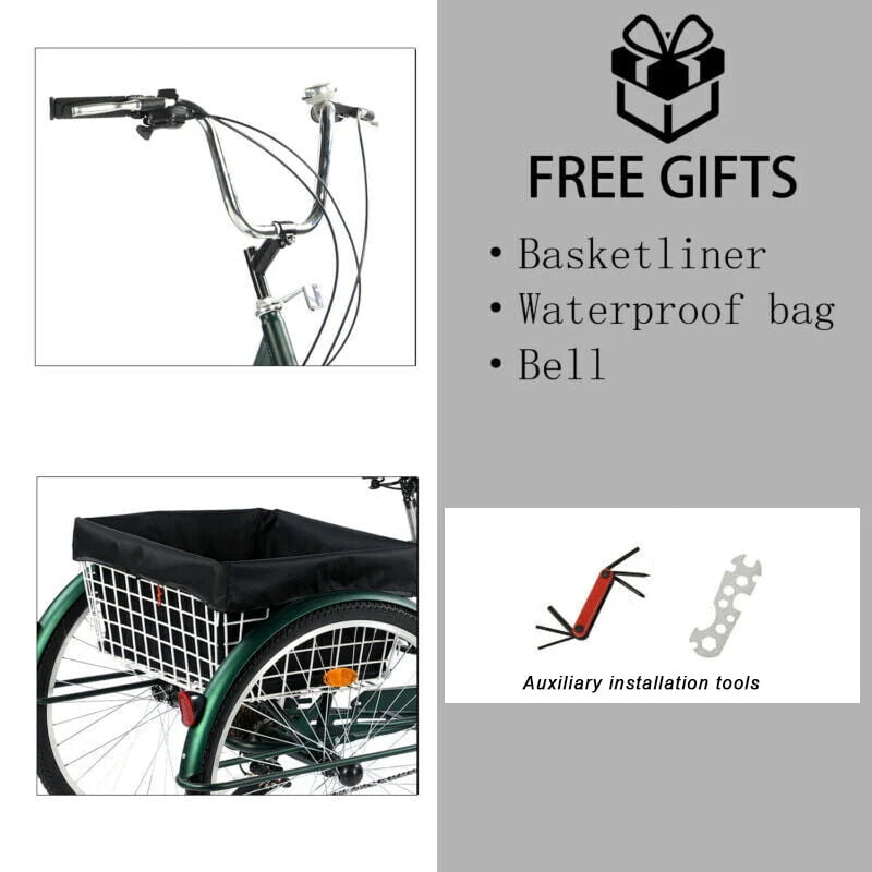 Green 26 Wheels 7-Speed Adult Tricycle with Basket L539