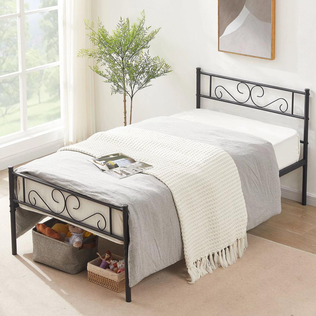 3-Piece Bedroom Set with Twin Bed Frame and 2 Black Nightstands O2775