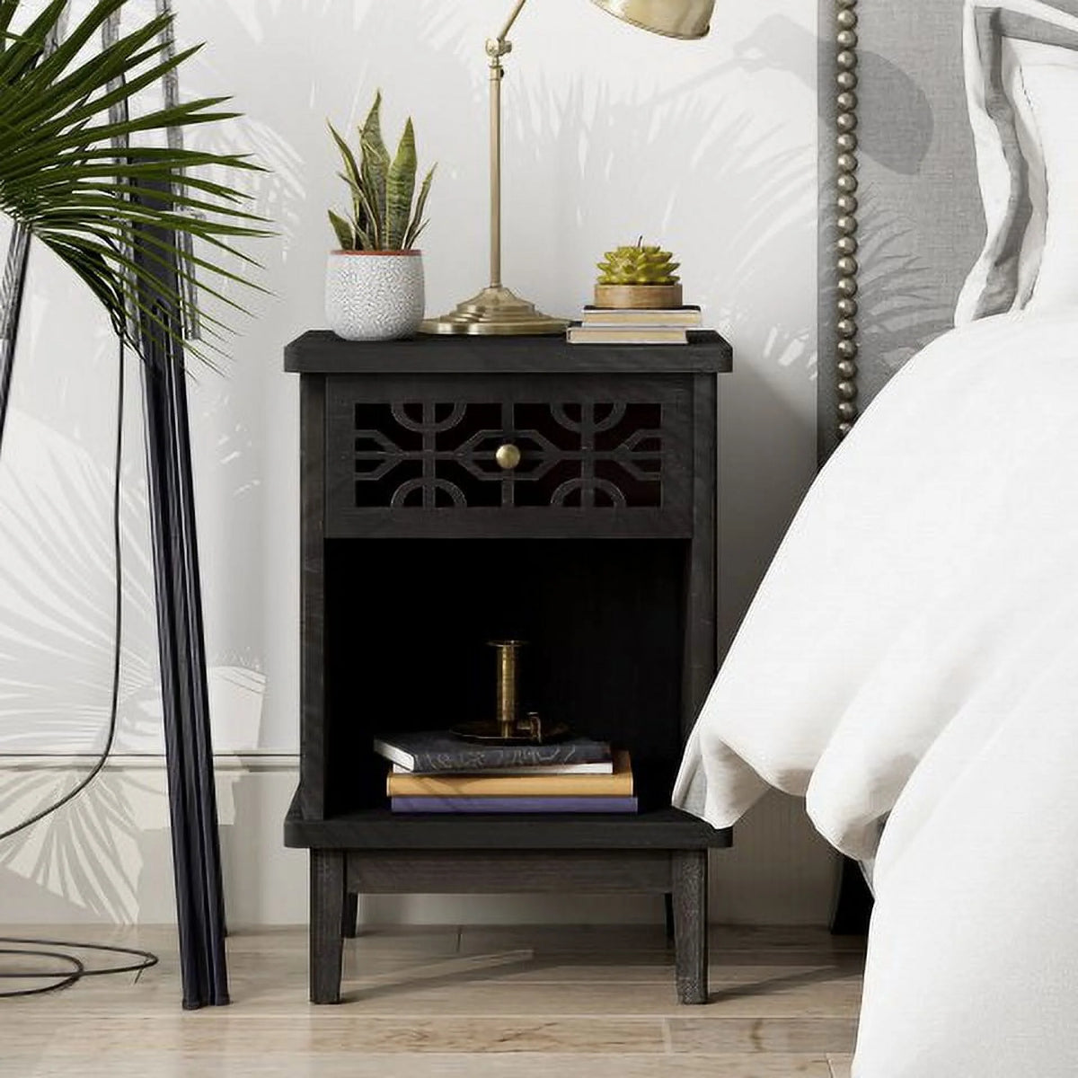 Distressed Black Solid Fir Nightstand O45036