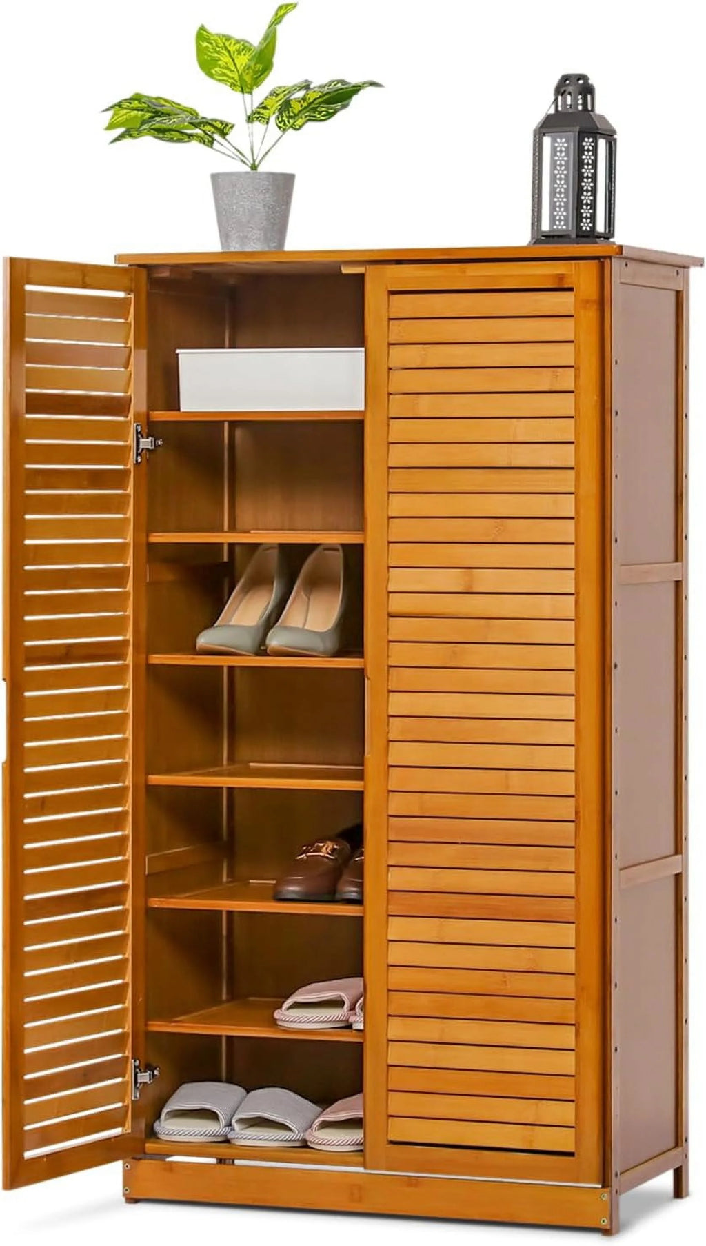 Tall Bamboo Shoe Storage Cabinet with Double Shutter Doors B7818