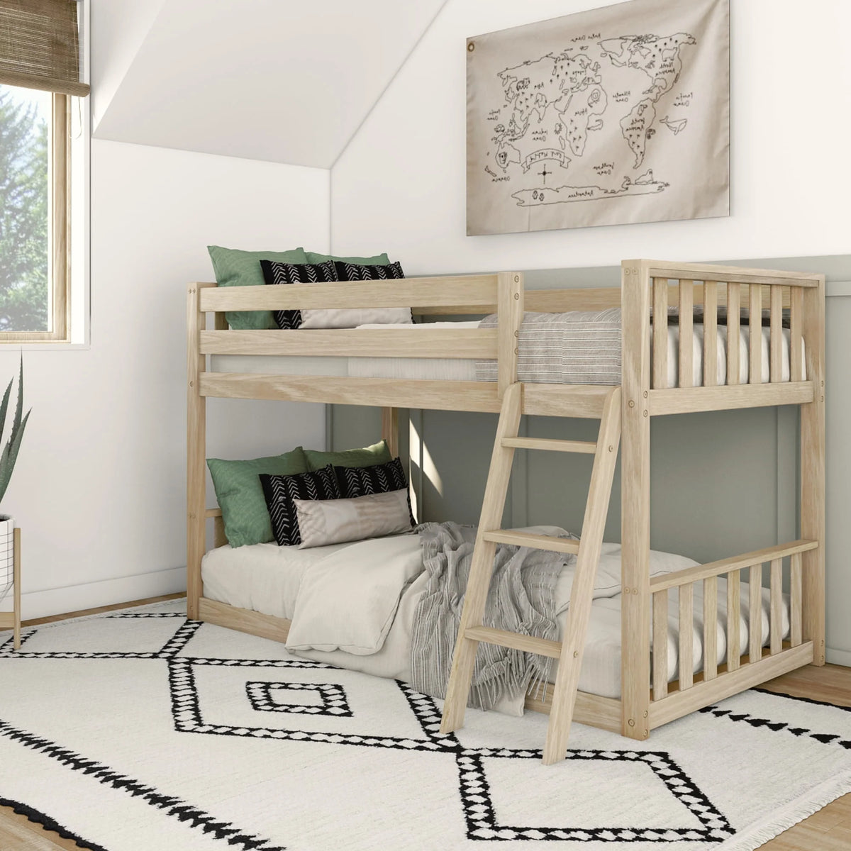 Twin over Twin Wood Bunk Bed with Ladder, Blonde W9126