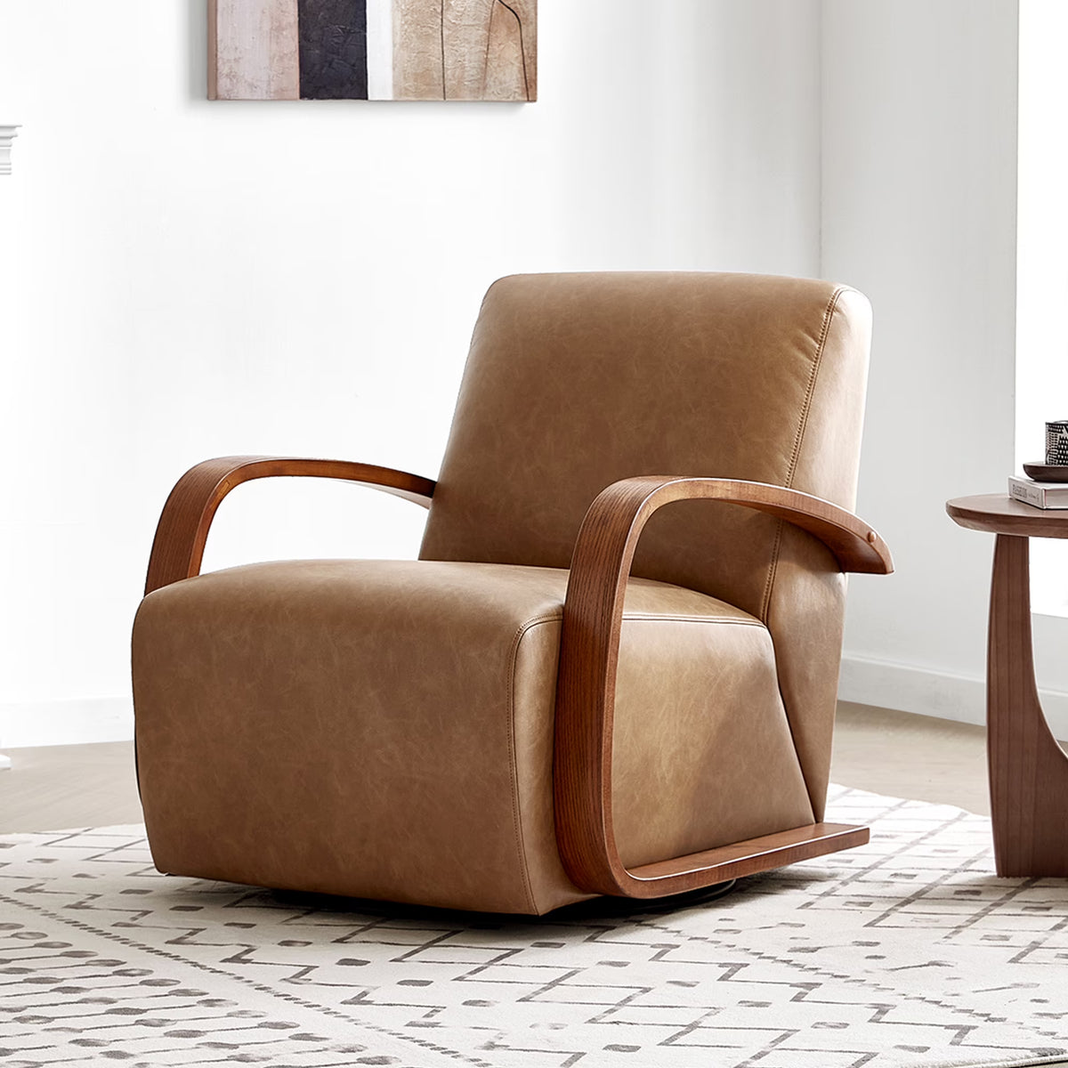 Cognac Brown & Walnut Swivel Accent Chair with U-shaped Wood Arm L198703