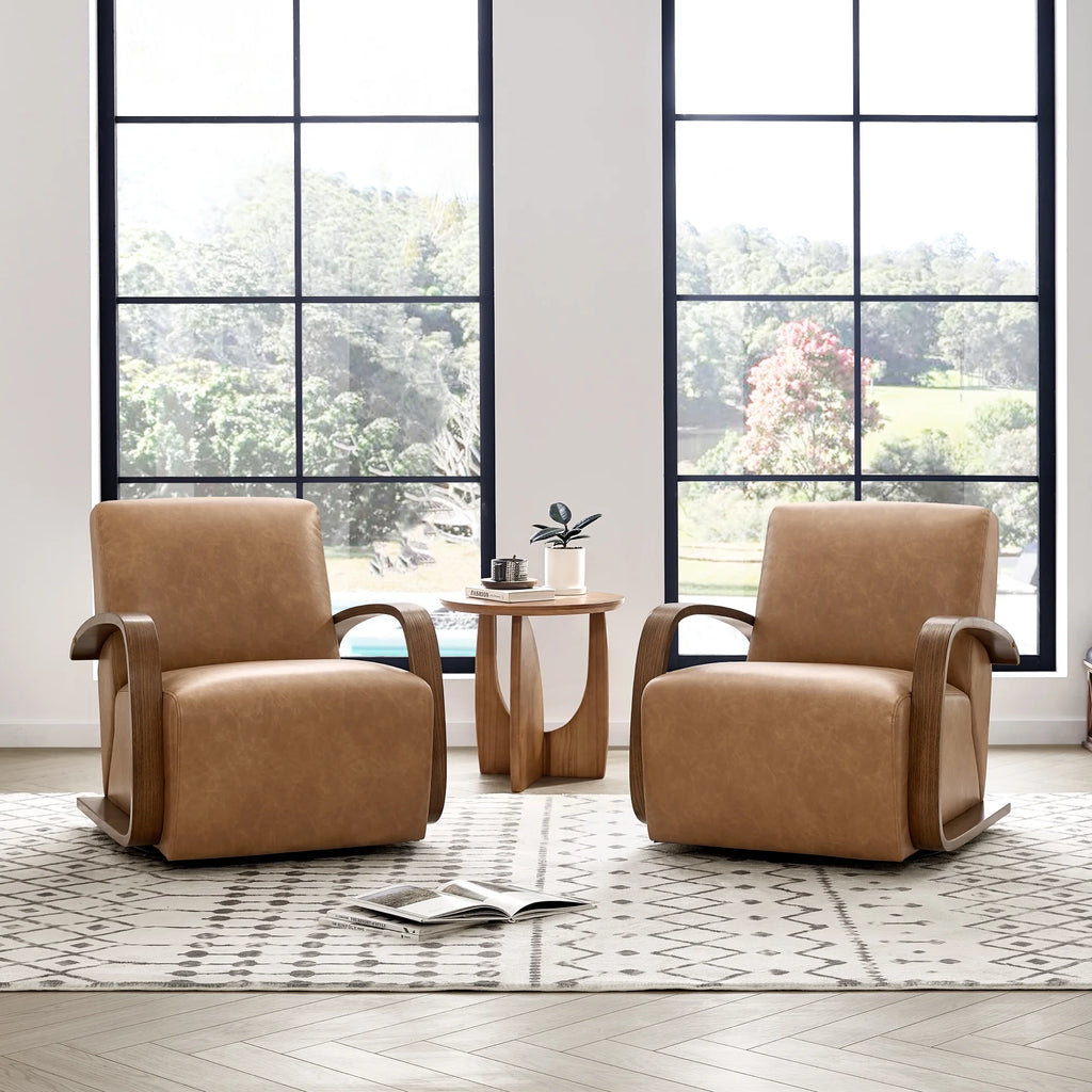 Cognac Brown & Walnut Swivel Accent Chair with U-shaped Wood Arm L198703