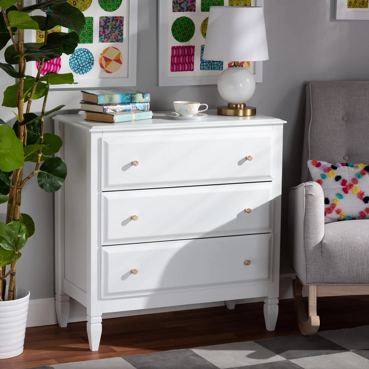 White 3-Drawer Wood Bedroom Chest D133