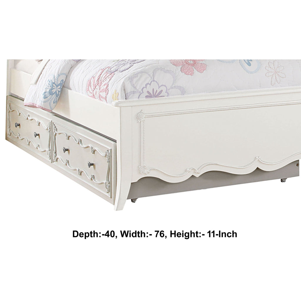 White Twin Size Wooden Trundle with Round Knobs and Caster Wheels F240
