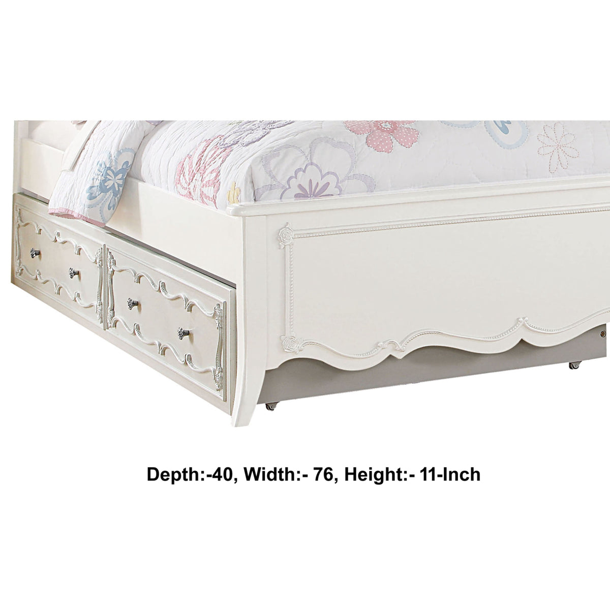 White Twin Size Wooden Trundle with Round Knobs and Caster Wheels F240