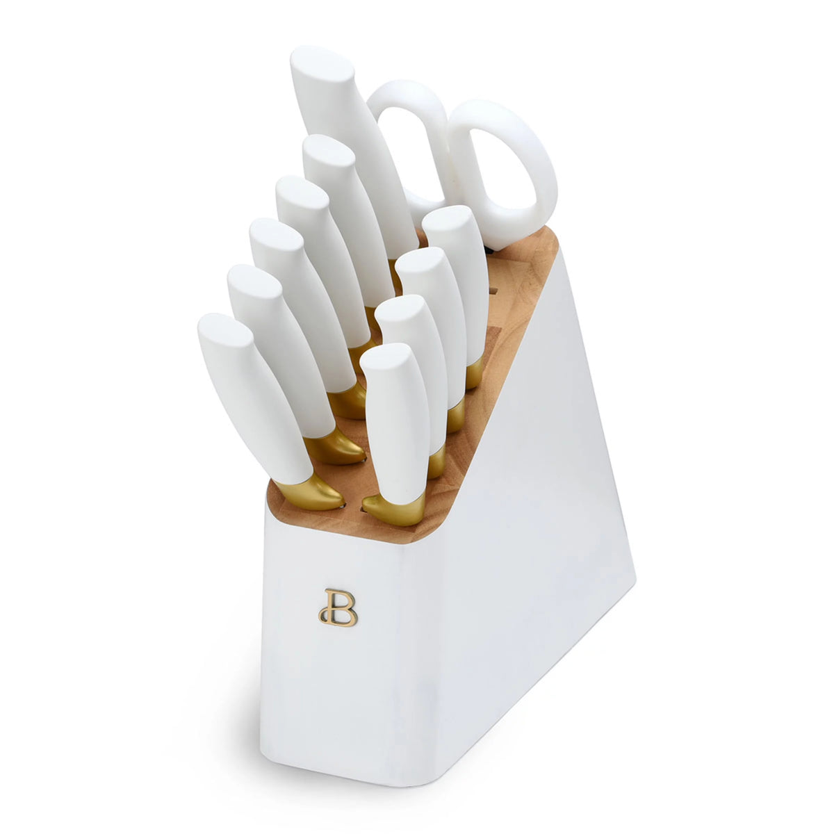 12 Piece Knife Block Set with Soft-Grip Handles White and Gold B1328