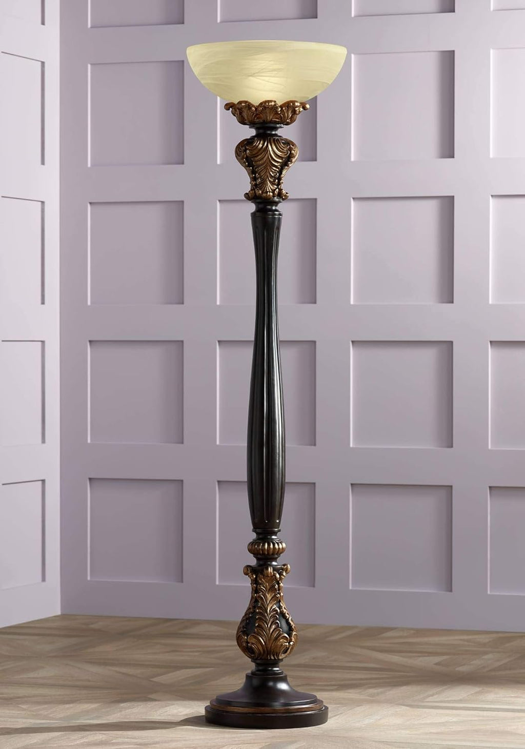 Tall Carved Wood Amber Glass Torchiere Floor Lamp K460
