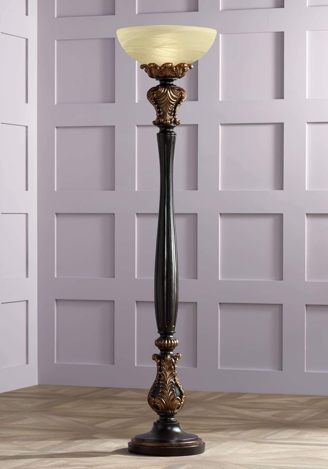 Tall Carved Wood Amber Glass Torchiere Floor Lamp K460
