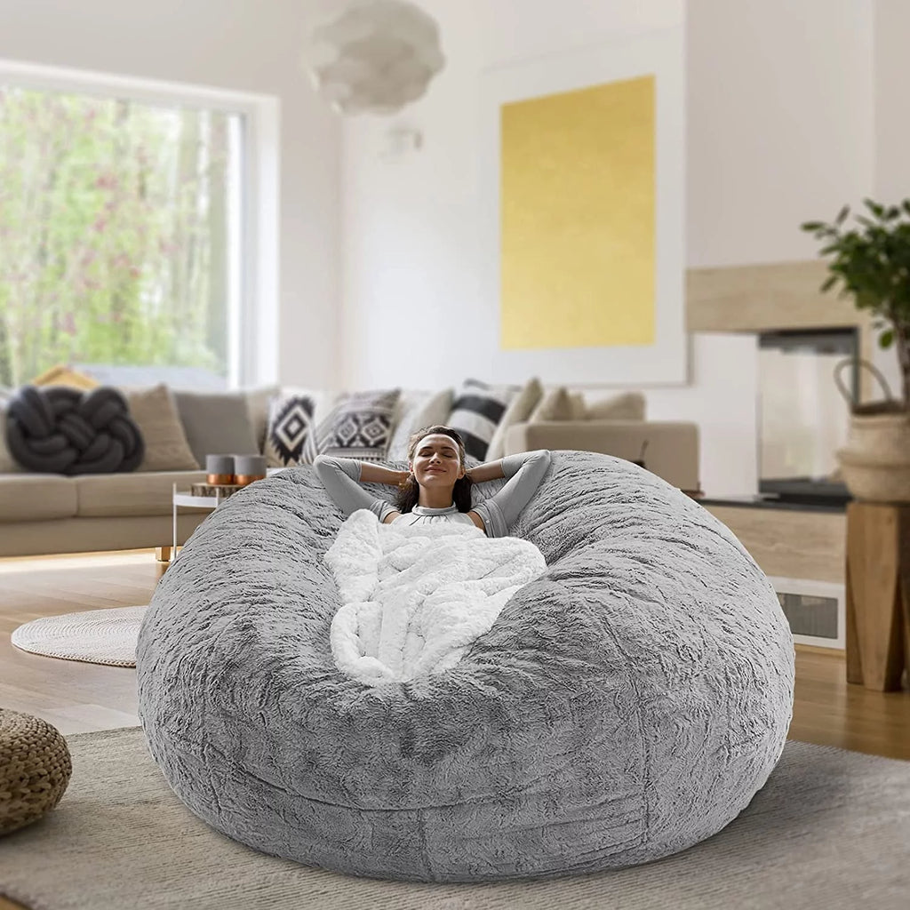 Round Soft Fluffy Velvet Bean Bag Chair Cover 6ft White/Gray W51082