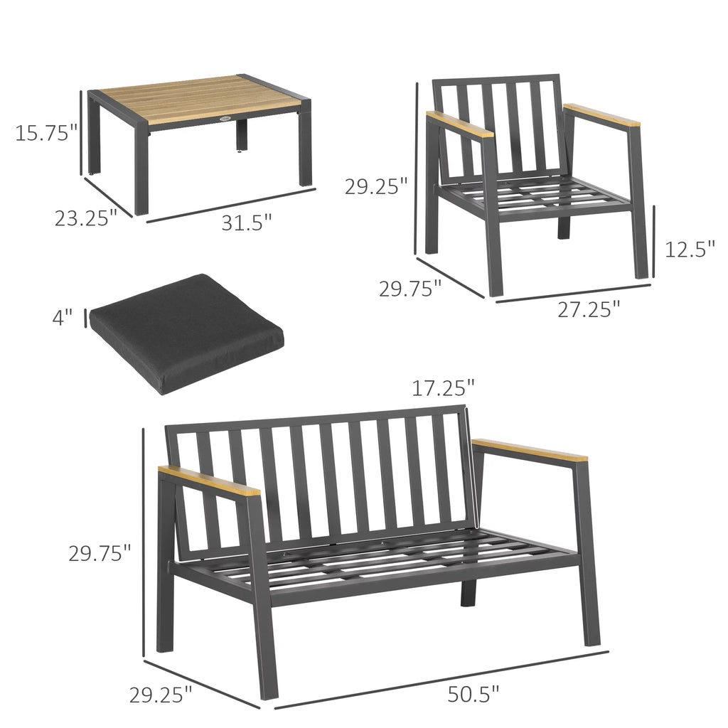 4 Piece Patio Furniture Set with 2 Armchairs, Loveseat Sofa, Center Coffee Table, Cushions, Dark Gray V591