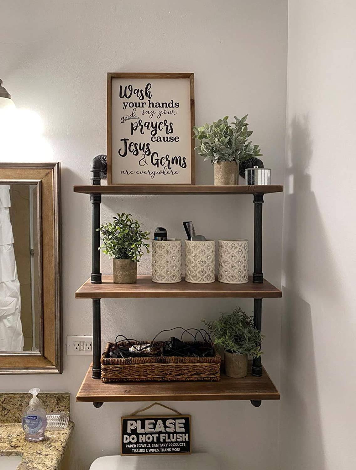 Industrial Pipe Bookcase Wall Shelf, Rustic Floating Wood Shelves 24'' K27908