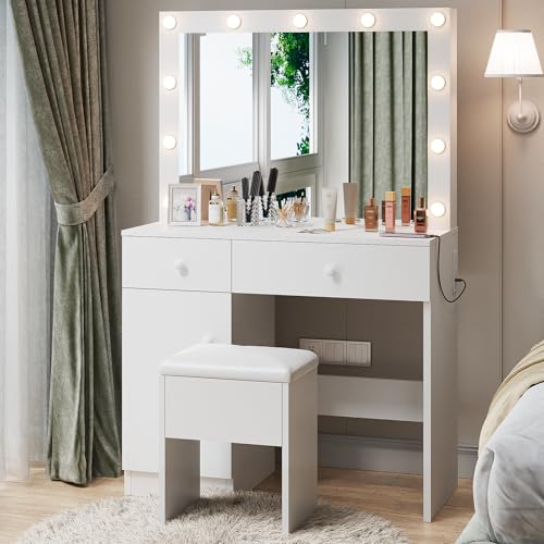 White Vanity Desk with Mirror and Lights A96543