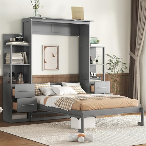Queen Murphy Bed with LED Lights and Storage Drawers E98653
