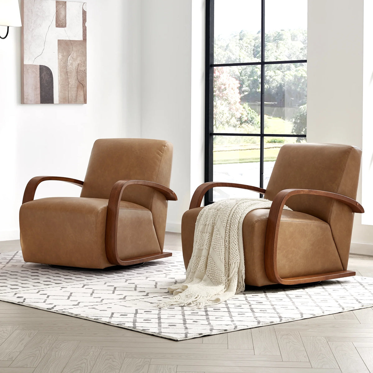 Cognac Brown & Walnut Swivel Accent Chair with U-shaped Wood Arm L198703