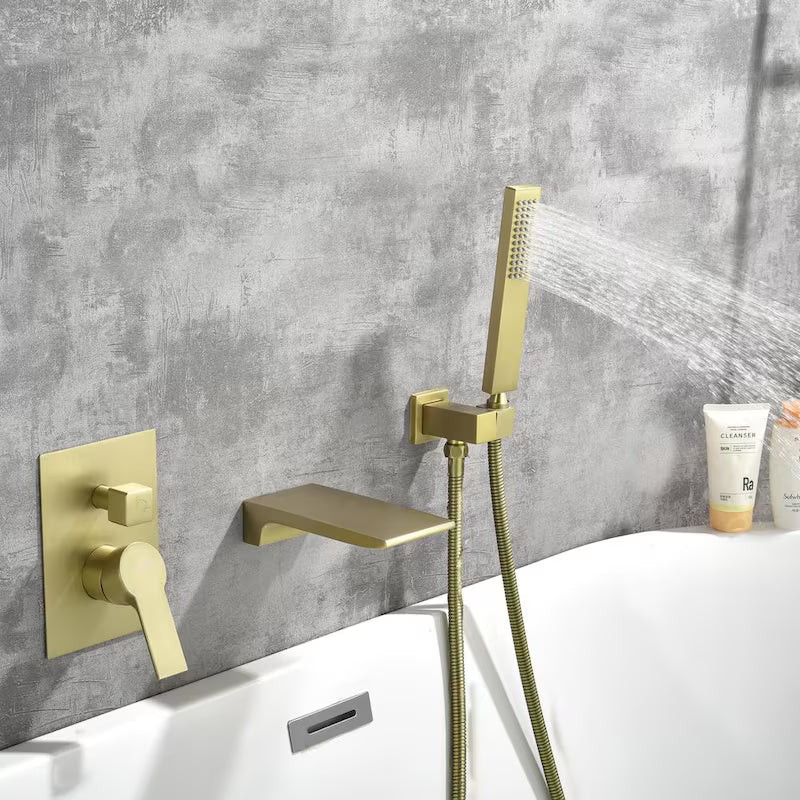 Brushed Gold Wall Mount Roman Tub Faucet with Hand Shower U791300