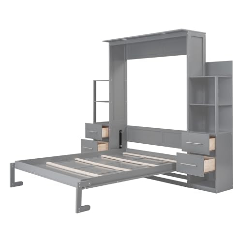 Queen Murphy Bed with LED Lights and Storage Drawers E98653