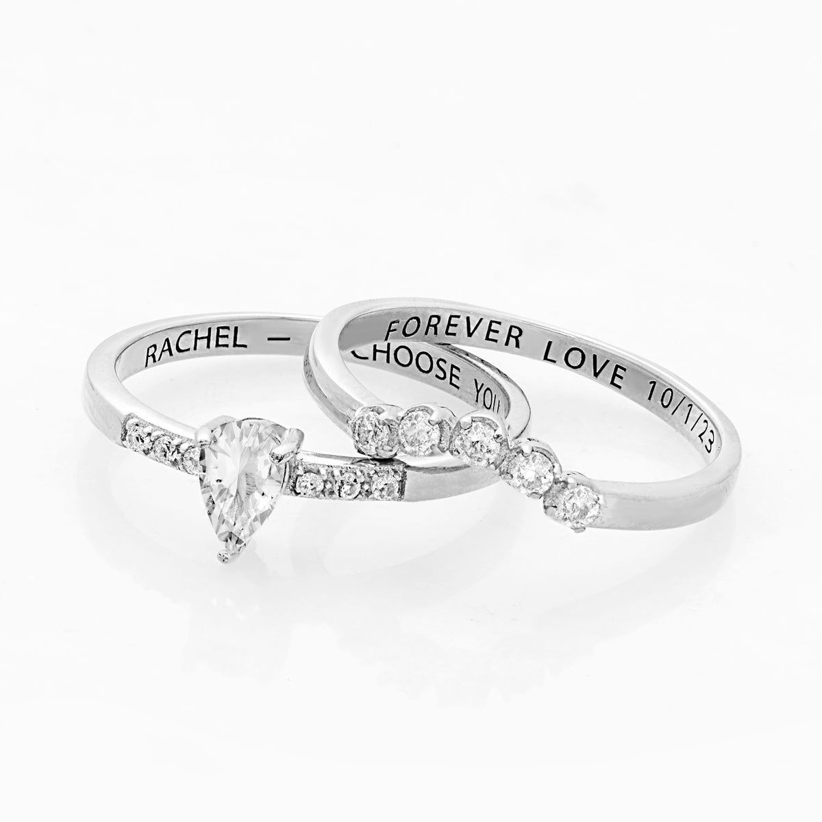 Pear White Topaz 2 Piece Engraved Wedding Set F647511