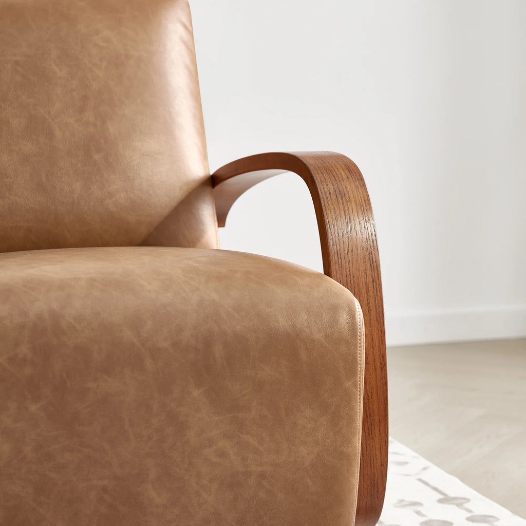 Cognac Brown & Walnut Swivel Accent Chair with U-shaped Wood Arm L198703