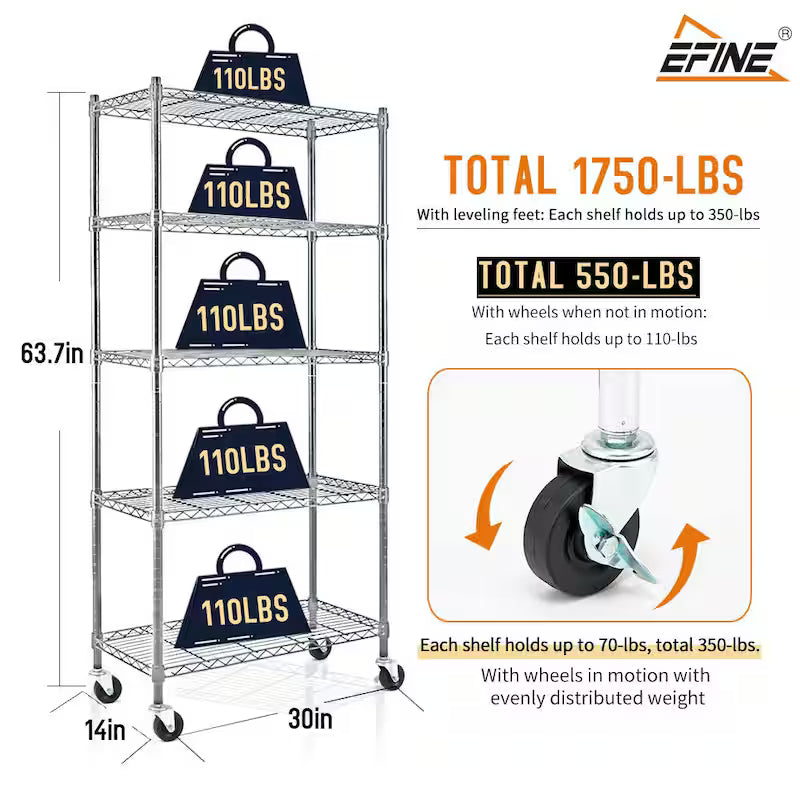 5-Tier Rolling Metal Wire Storage Shelving Unit I6823