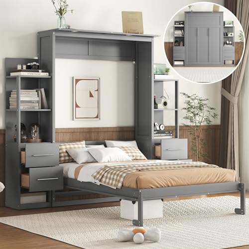 Queen Murphy Bed with LED Lights and Storage Drawers E98653