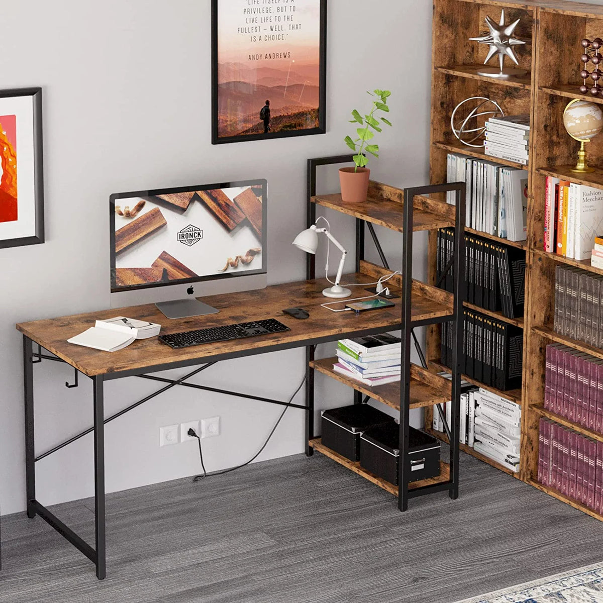 55" Vintage Brown Computer Desk with Shelves and Charging Station O53181