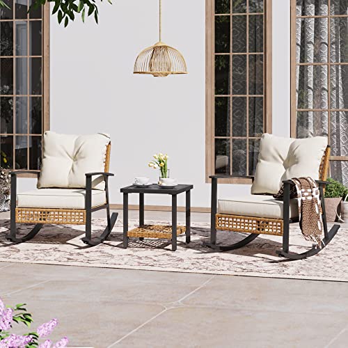 3-Piece Rocking Bistro Set with Thick Cushions and 2-Tier Coffee Table C49992